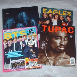 Lot of 4 collectible music magazines - Revolver, Tupac Shakur, The eagles & BTS